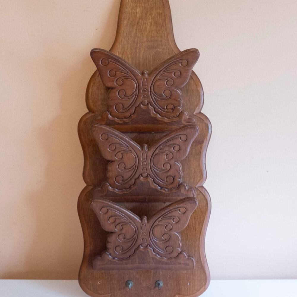 Wood Butterfly Mail Holder | Vintage Wall Mounted Letter Organizer 19.5x8"
